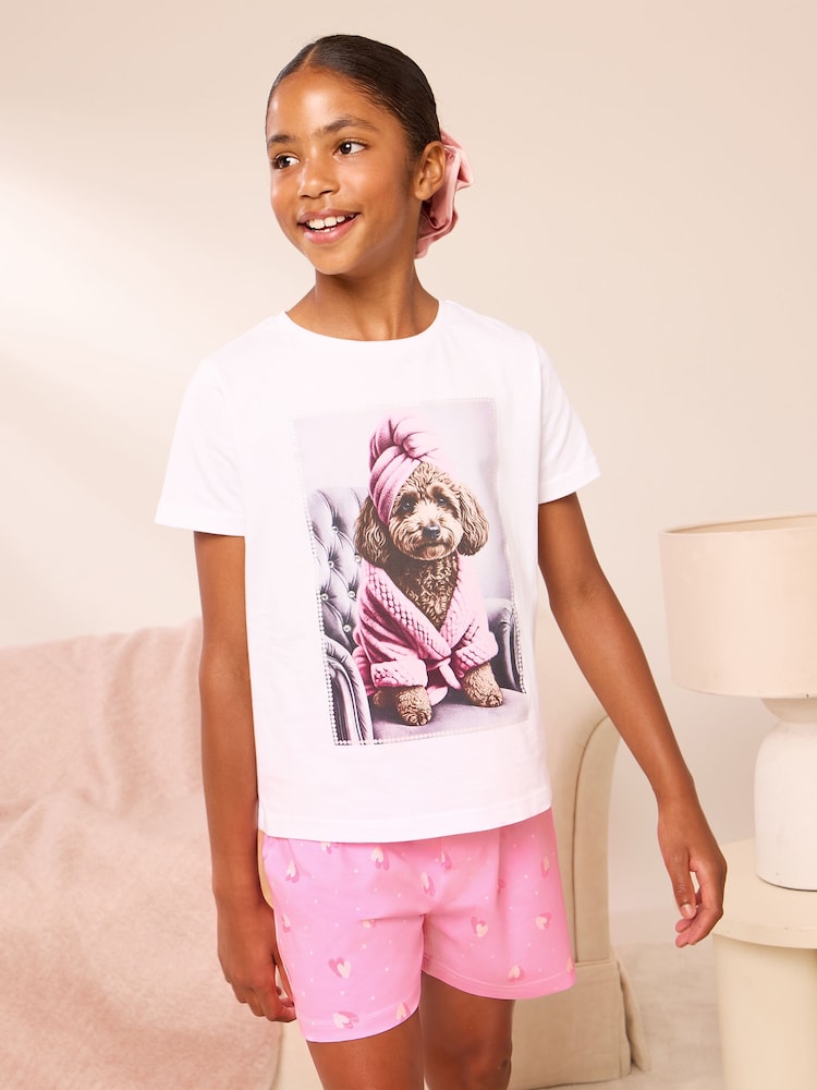 Lipsy White/Pink Dog Jersey Short Pyjamas Set (5-16yrs) - Image 1 of 5