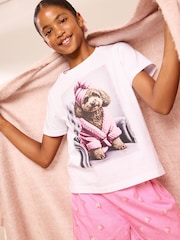 Lipsy White/Pink Dog Jersey Short Pyjamas Set (5-16yrs) - Image 4 of 5