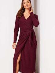 Lipsy Berry Red Red Petite Long Sleeve Cosy Tie Side Wrap Midi Jumper Dress - Image 1 of 4