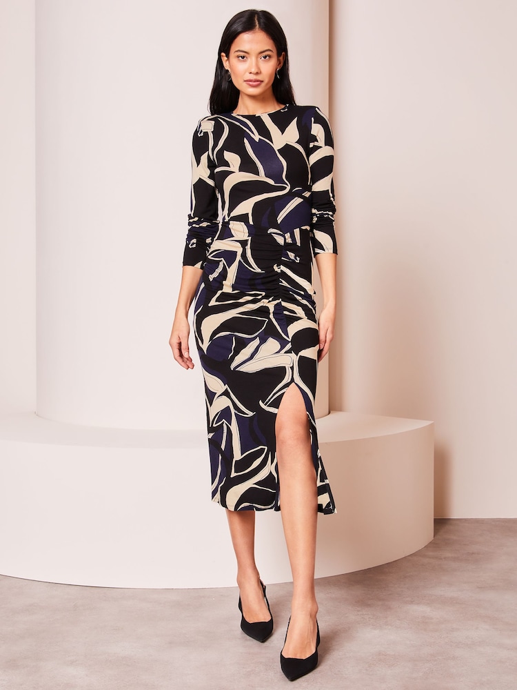 Lipsy Navy Blue Petite Ruched Side Long Sleeve Printed Midi Dress - Image 1 of 4 Lipsy Navy Blue Petite Ruched Side Long Sleeve Printed Midi Dress - Image 1 of 4