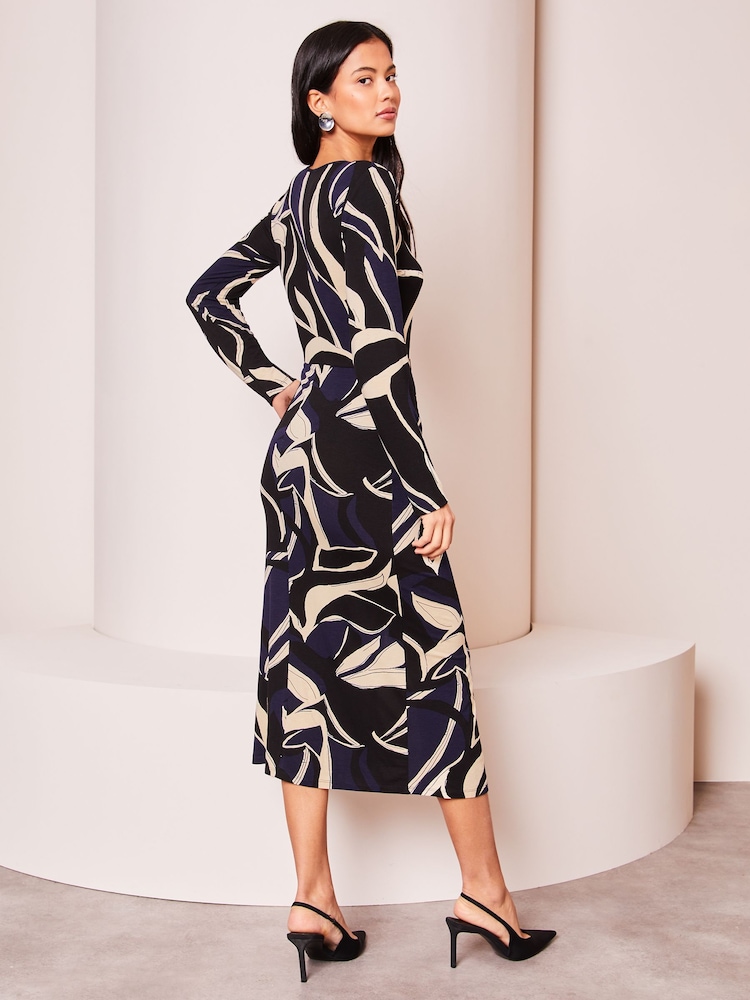 Lipsy Navy Blue Petite Ruched Side Long Sleeve Printed Midi Dress - Image 2 of 4 Lipsy Navy Blue Petite Ruched Side Long Sleeve Printed Midi Dress - Image 2 of 4