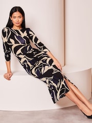 Lipsy Navy Blue Petite Ruched Side Long Sleeve Printed Midi Dress - Image 3 of 4