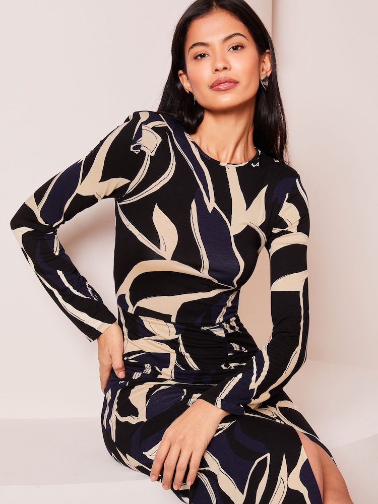 Lipsy Navy Blue Petite Ruched Side Long Sleeve Printed Midi Dress - Image 4 of 4 Lipsy Navy Blue Petite Ruched Side Long Sleeve Printed Midi Dress - Image 4 of 4
