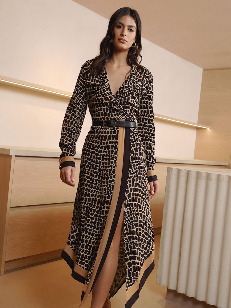 Lipsy Camel Long Sleeve Wrap Belted Midi Shirt Dress - Image 1 of 4