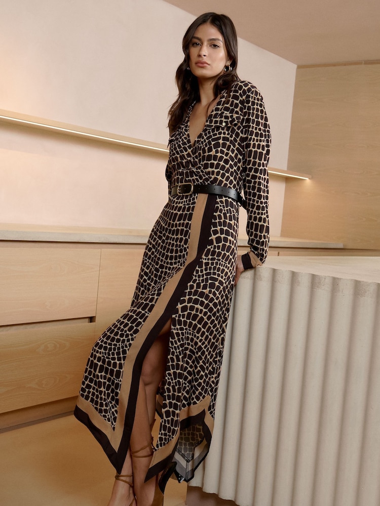 Lipsy Camel Long Sleeve Wrap Belted Midi Shirt Dress - Image 2 of 4