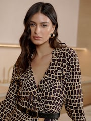 Lipsy Camel Long Sleeve Wrap Belted Midi Shirt Dress - Image 3 of 4