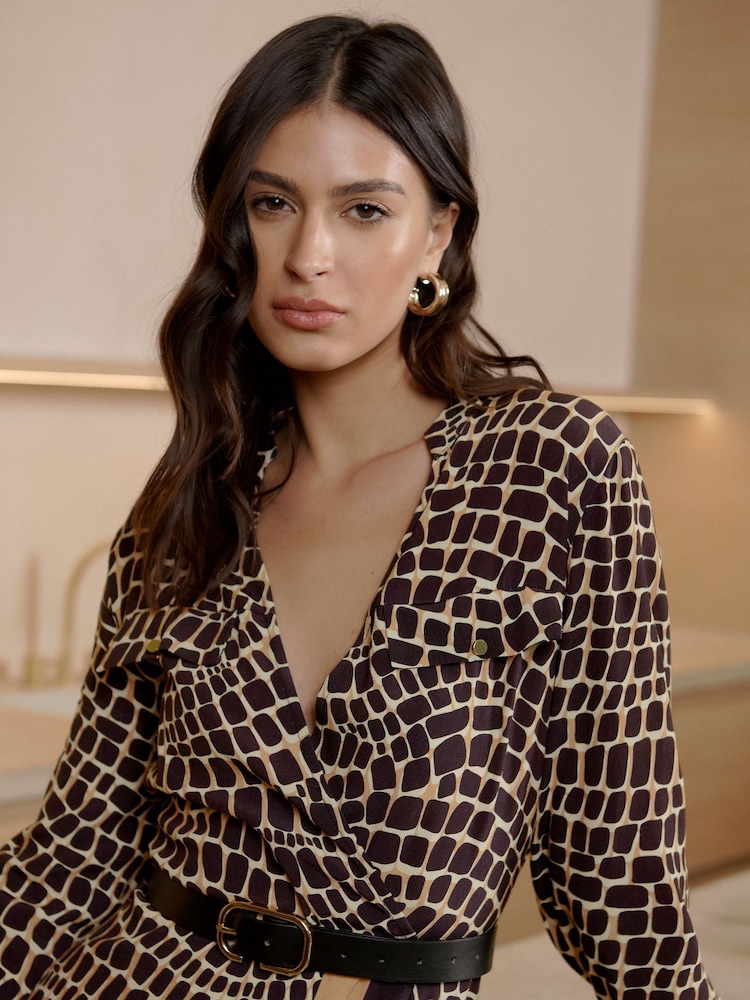 Lipsy Camel Long Sleeve Wrap Belted Midi Shirt Dress - Image 3 of 4