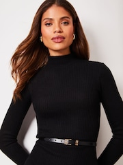 Lipsy Black Long Sleeve Belted Cosy Skater Mini Jumper Dress - Image 4 of 4
