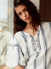 White/Blue Oversized Cover Up Kaftan With Linen - Image 3 of 8