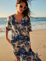 Blue/White Summer Maxi Kaftan Dress With Linen - Image 1 of 6