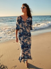 Blue/White Summer Maxi Kaftan Dress With Linen - Image 2 of 6