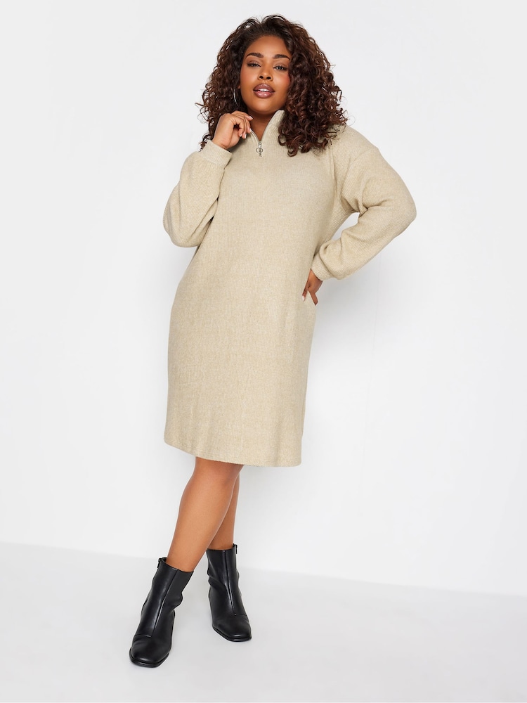 Yours Curve Natural Soft Touch Ribbed Half Zip Midi Dress - Image 1 of 4