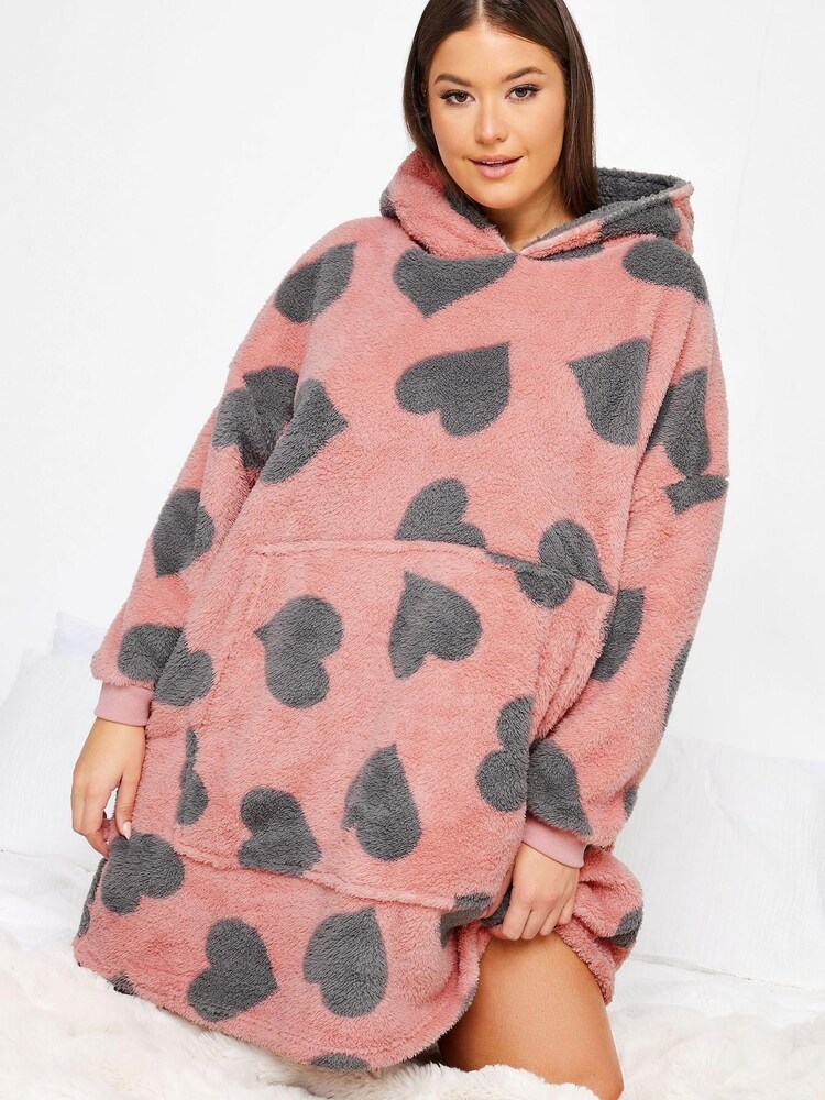 Yours Curve Pink Heart Snuggle Blanket Hoodie - Image 1 of 5 Yours Curve Pink Heart Snuggle Blanket Hoodie - Image 1 of 5