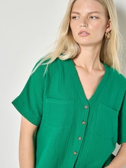 Apricot Green Textured V-Neck Blouse - Image 3 of 4