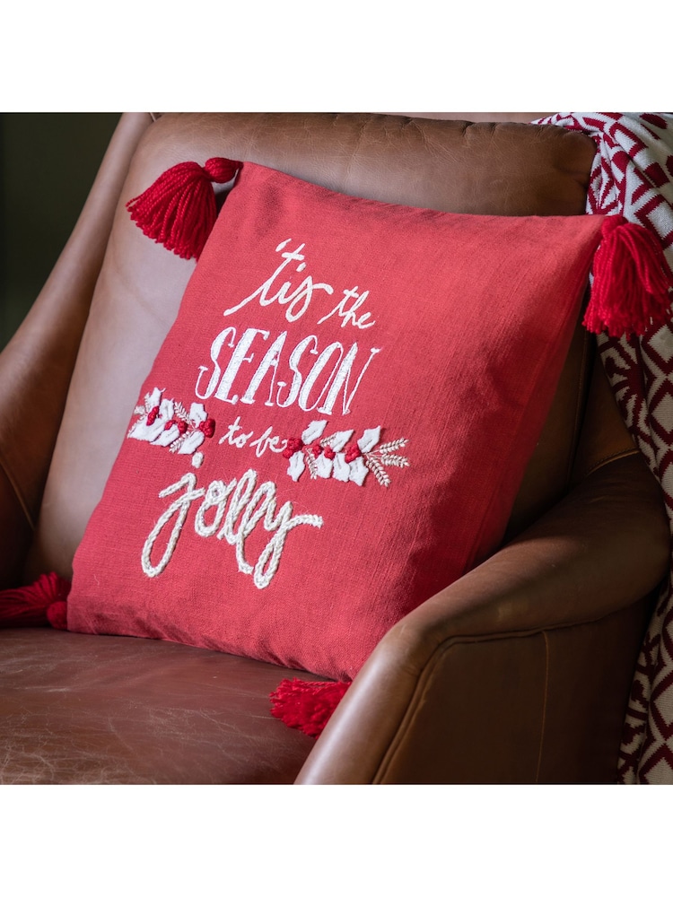 Gallery Home Red Christmas Tis The Season 100% Cotton Cushion Cover 45x45cm - Image 1 of 4
