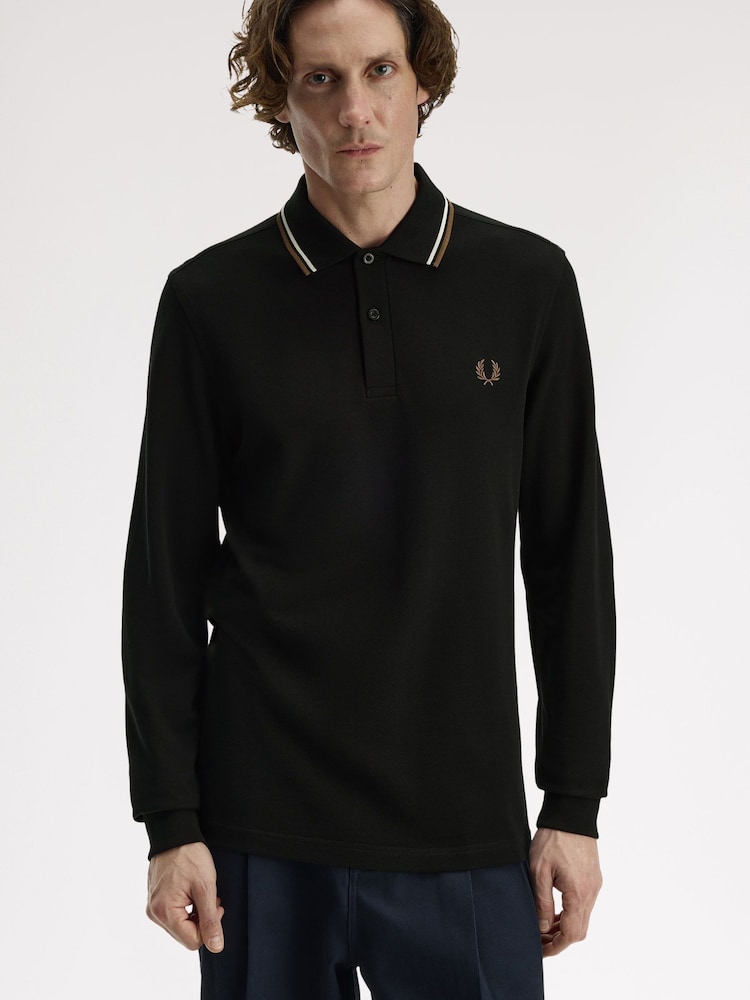 Fred Perry Black Long Sleeve Twin Tipped Polo Shirt - Image 2 of 5 Fred Perry Black Long Sleeve Twin Tipped Polo Shirt - Image 2 of 5