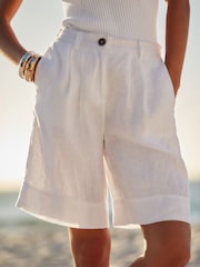 White 100% Linen City Knee Length Shorts - Image 2 of 7