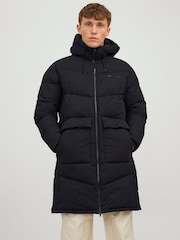 JACK & JONES Black Longline Padded Hooded Coat - Image 1 of 5