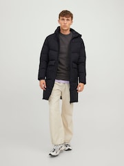 JACK & JONES Black Longline Padded Hooded Coat - Image 3 of 5