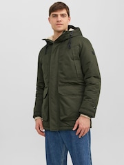 JACK & JONES Green Borg Lined Parka Coat - Image 1 of 5