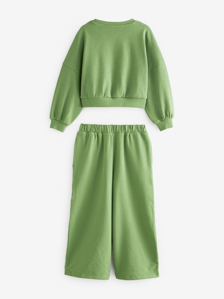 Khaki - Rib Cuffed Top & Wide Leg Joggers Set (2-16yrs) - Image 6 of 7