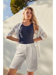 White Linen Blend Knee Length Shorts - Image 1 of 5