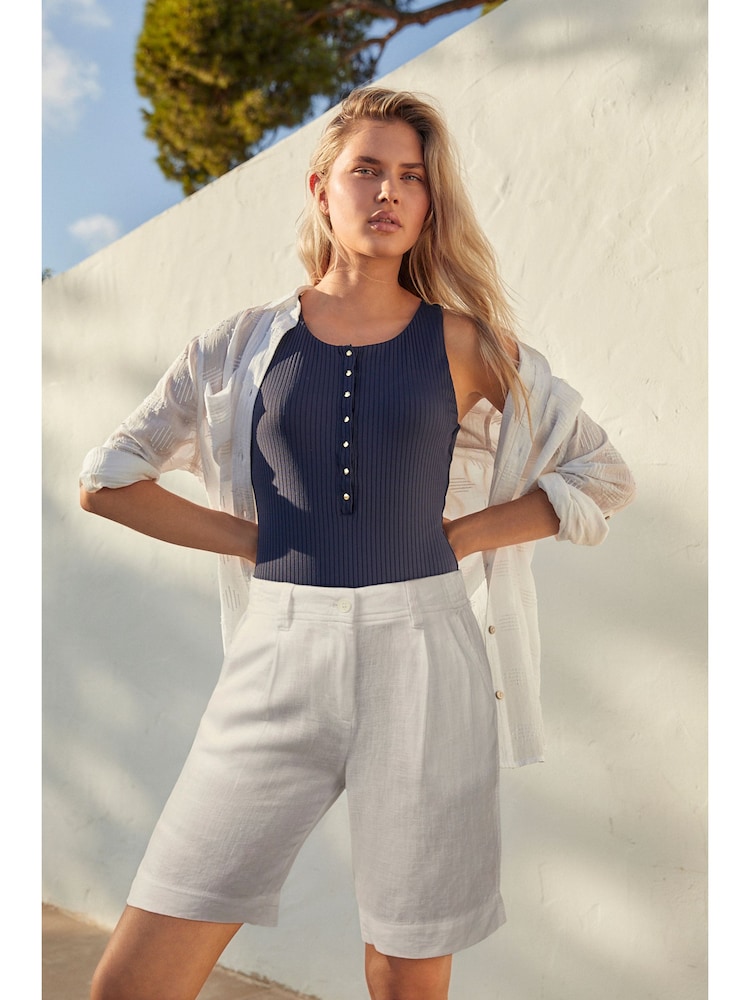 White Linen Blend Knee Length Shorts - Image 1 of 5