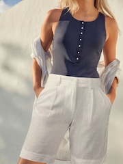 White Linen Blend Knee Length Shorts - Image 3 of 5