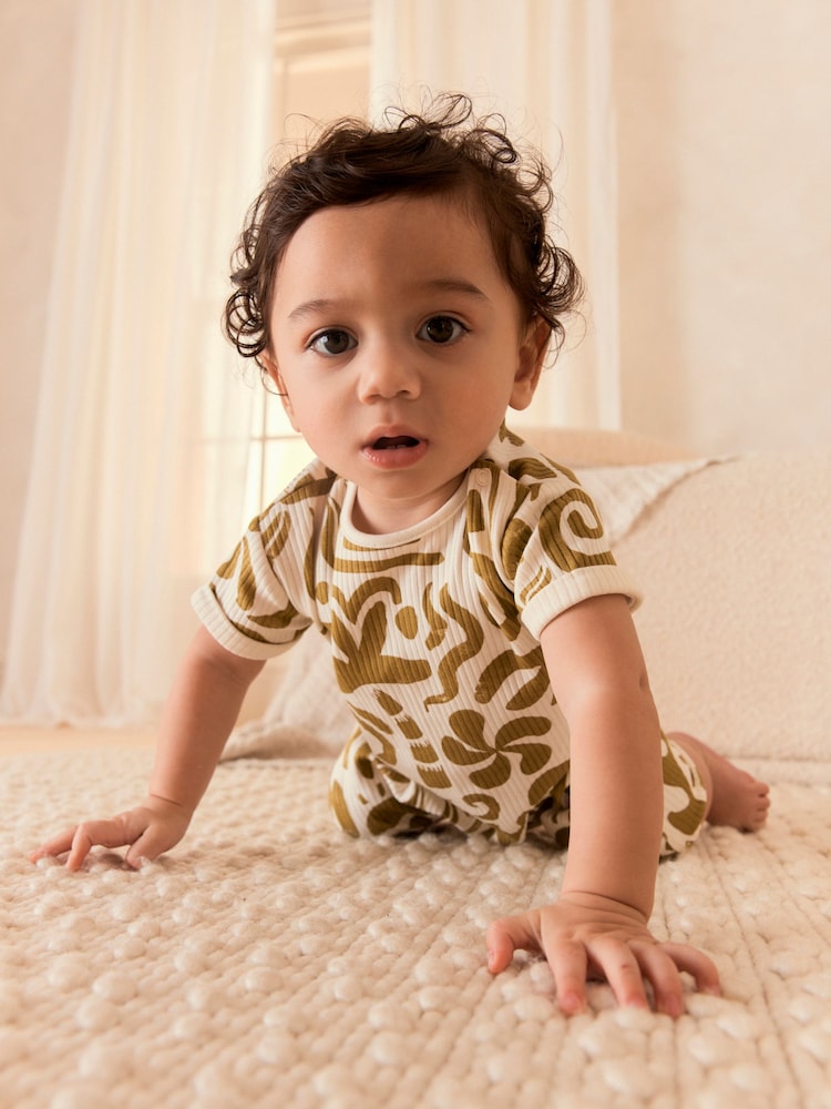 Green/White Print Baby 100% Cotton Jersey Romper - Image 2 of 4 Green/White Print Baby 100% Cotton Jersey Romper - Image 2 of 4