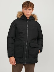 JACK & JONES Black Faux Fur Trim Hooded Parka - Image 1 of 5