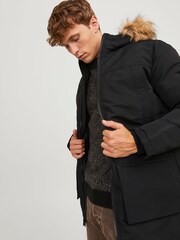 JACK & JONES Black Faux Fur Trim Hooded Parka - Image 4 of 5