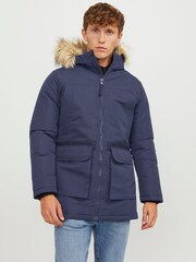 JACK & JONES Blue Faux Fur Trim Hooded Parka - Image 1 of 5