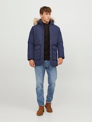 JACK & JONES Blue Faux Fur Trim Hooded Parka - Image 3 of 5
