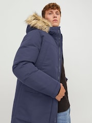 JACK & JONES Blue Faux Fur Trim Hooded Parka - Image 4 of 5