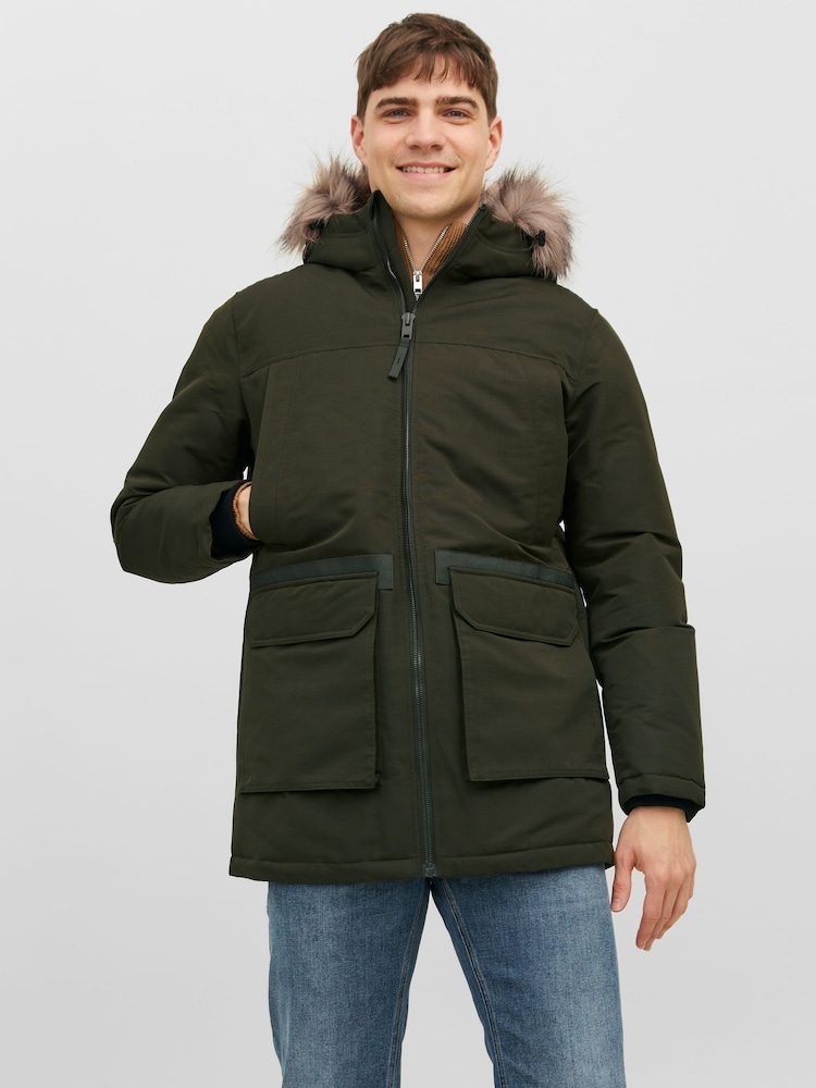 JACK & JONES Green Faux Fur Trim Hooded Parka - Image 1 of 5 JACK & JONES Green Faux Fur Trim Hooded Parka - Image 1 of 5