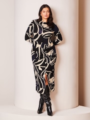 Lipsy Navy Blue Curve Ruched Side Long Sleeve Printed Midi Dress - Image 1 of 4