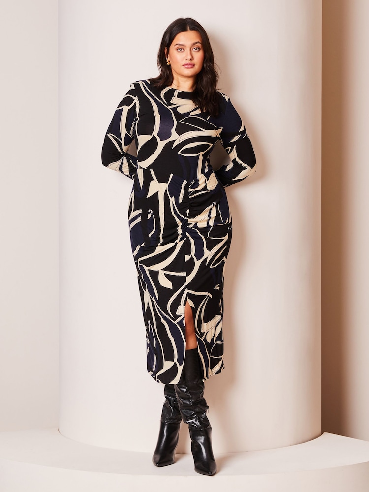 Lipsy Navy Blue Curve Ruched Side Long Sleeve Printed Midi Dress - Image 1 of 4 Lipsy Navy Blue Curve Ruched Side Long Sleeve Printed Midi Dress - Image 1 of 4