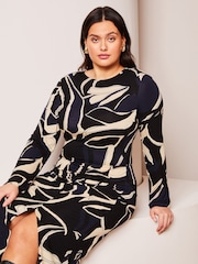 Lipsy Navy Blue Curve Ruched Side Long Sleeve Printed Midi Dress - Image 2 of 4