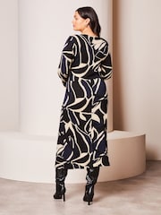 Lipsy Navy Blue Curve Ruched Side Long Sleeve Printed Midi Dress - Image 3 of 4