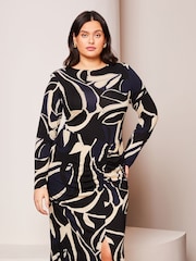 Lipsy Navy Blue Curve Ruched Side Long Sleeve Printed Midi Dress - Image 4 of 4