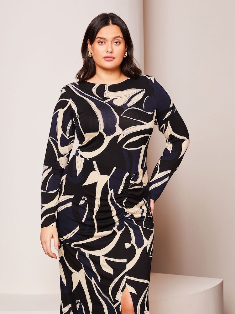 Lipsy Navy Blue Curve Ruched Side Long Sleeve Printed Midi Dress - Image 4 of 4