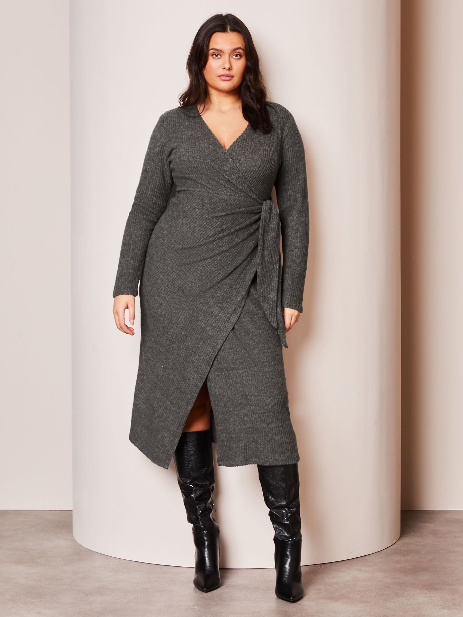 Buy Lipsy Grey Curve Long Sleeve Cosy Tie Side Wrap Midi Jumper Dress from Next Luxembourg