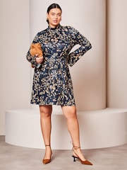 Lipsy Navy Blue Petite Jersey Tie Waist High Neck Long Sleeve Shift Mini Dress - Image 3 of 4