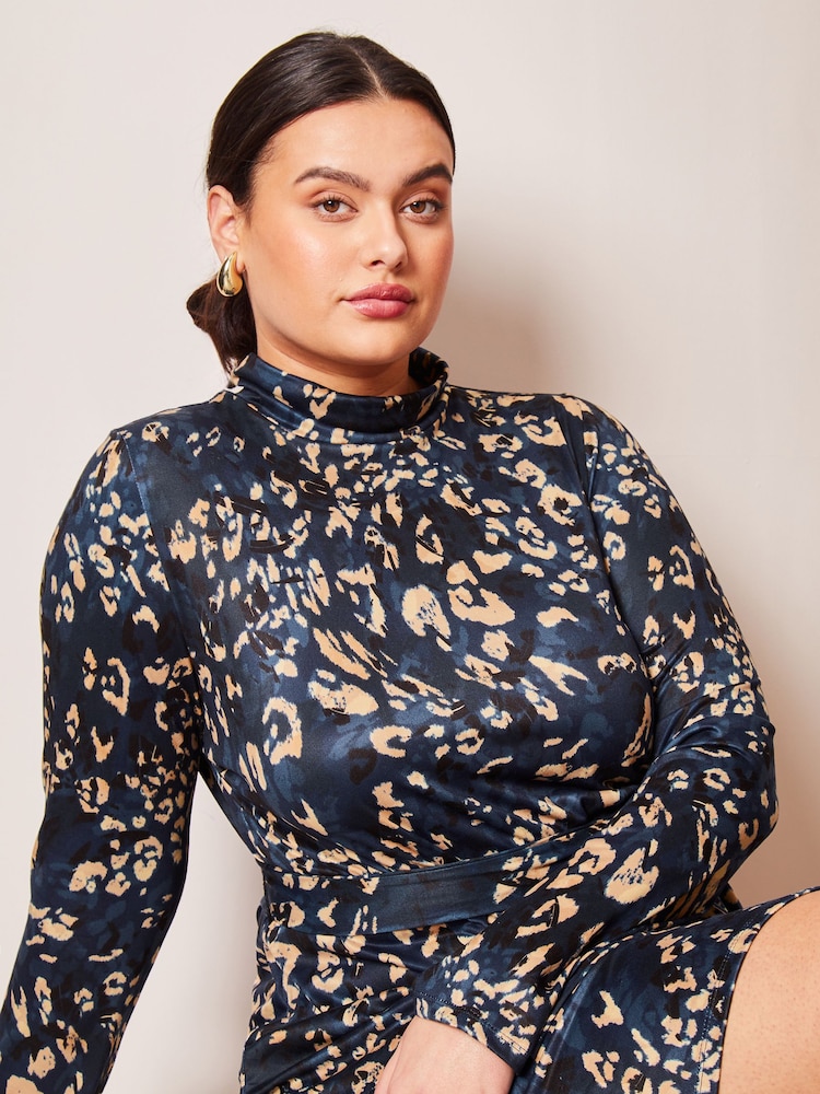 Lipsy Navy Blue Petite Jersey Tie Waist High Neck Long Sleeve Shift Mini Dress - Image 4 of 4