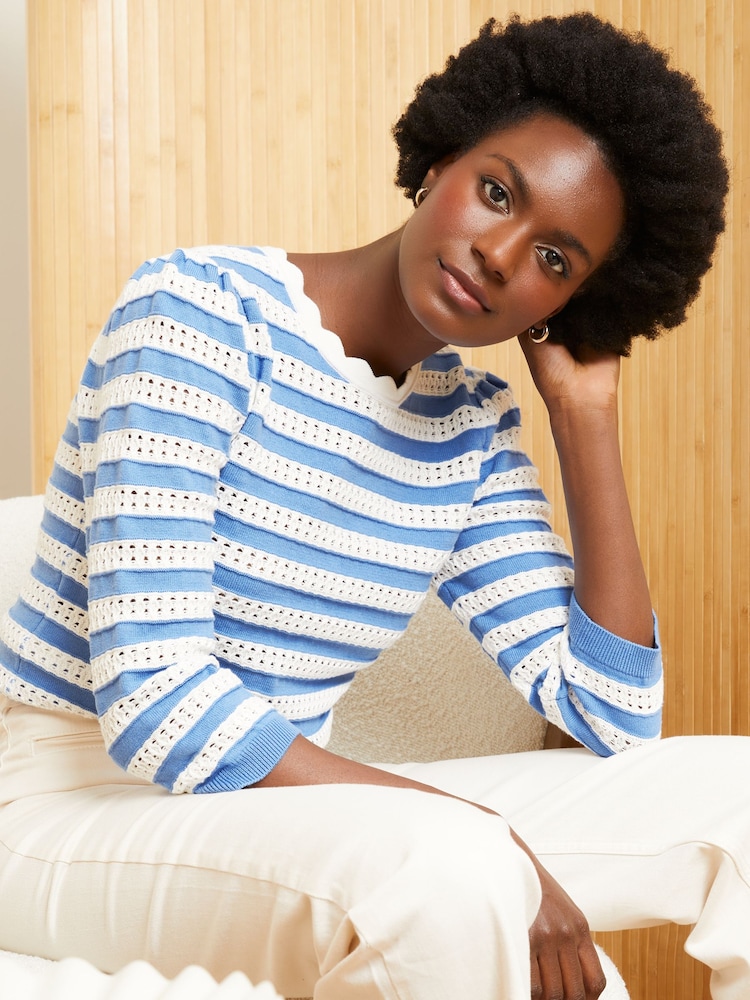 Love & Roses Blue Pointelle Scallop Neck Knitted Top - Image 1 of 4