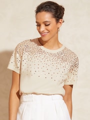 Elfenbeinweiß - Love & Roses – kurzärmeliges Pailletten-Stricktop - Bild 1 von 4