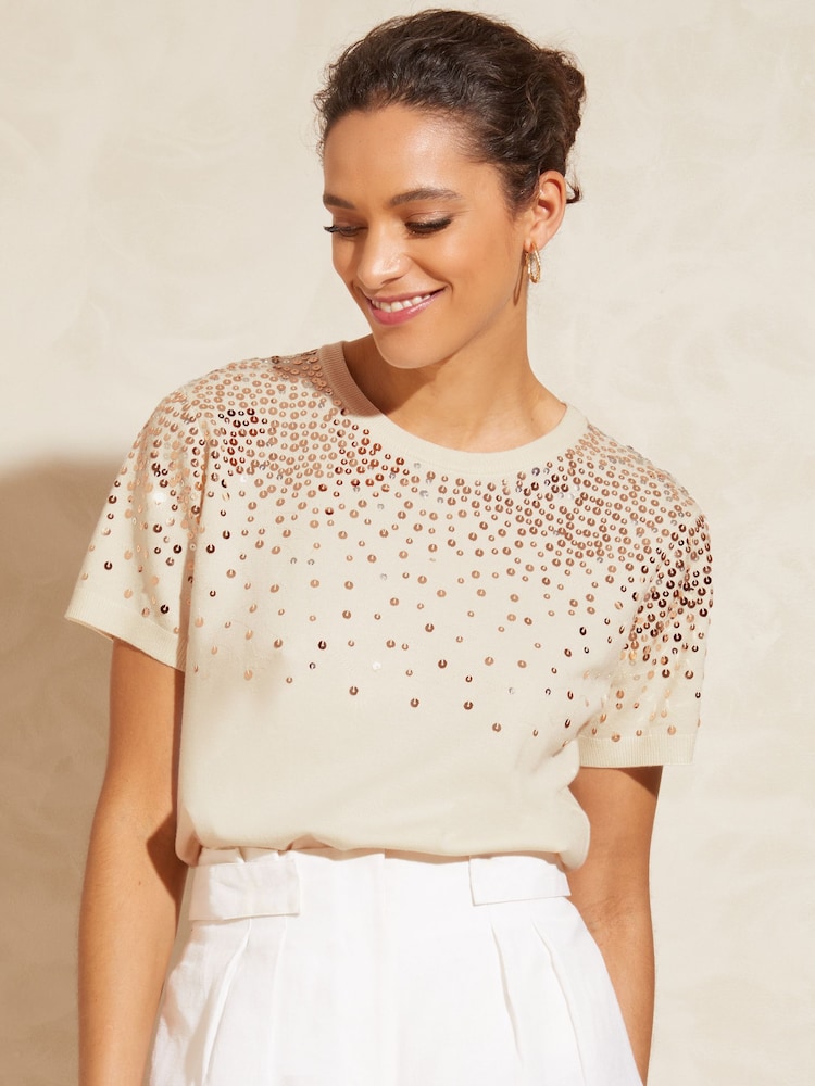 Elfenbeinweiß - Love & Roses – kurzärmeliges Pailletten-Stricktop - Bild 1 von 4