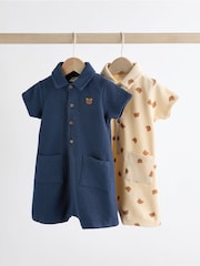Navy Blue/Cream Bear Collar Jersey Rompers 2 Pack - Image 1 of 9