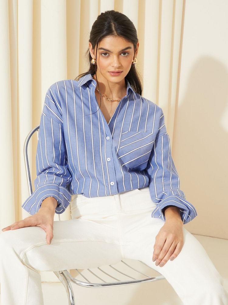 Friends Like These Blue Stripe Cotton Poplin Long Sleeve Button Through Shirt - Image 1 of 4