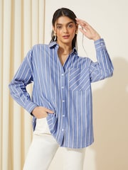 Friends Like These Blue Stripe Cotton Poplin Long Sleeve Button Through Shirt - Image 3 of 4